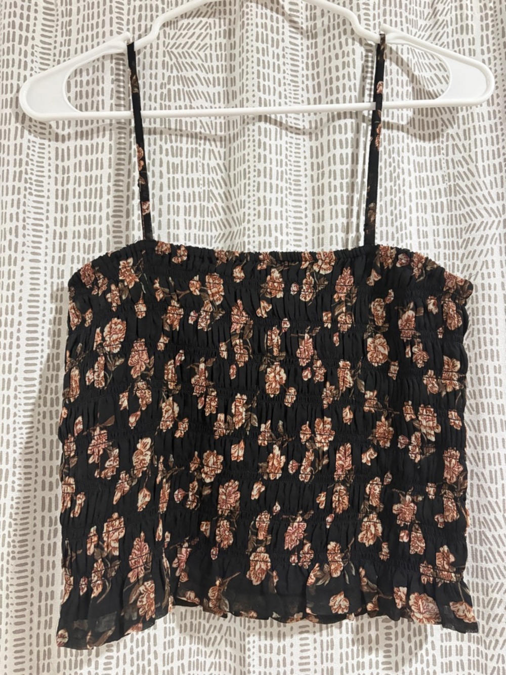 American Eagle Outfitters Black Smocked Floral Cropped Tank